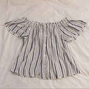 Daily Special White Blue Striped Off The Shoulder Tribal Nautical Blouse